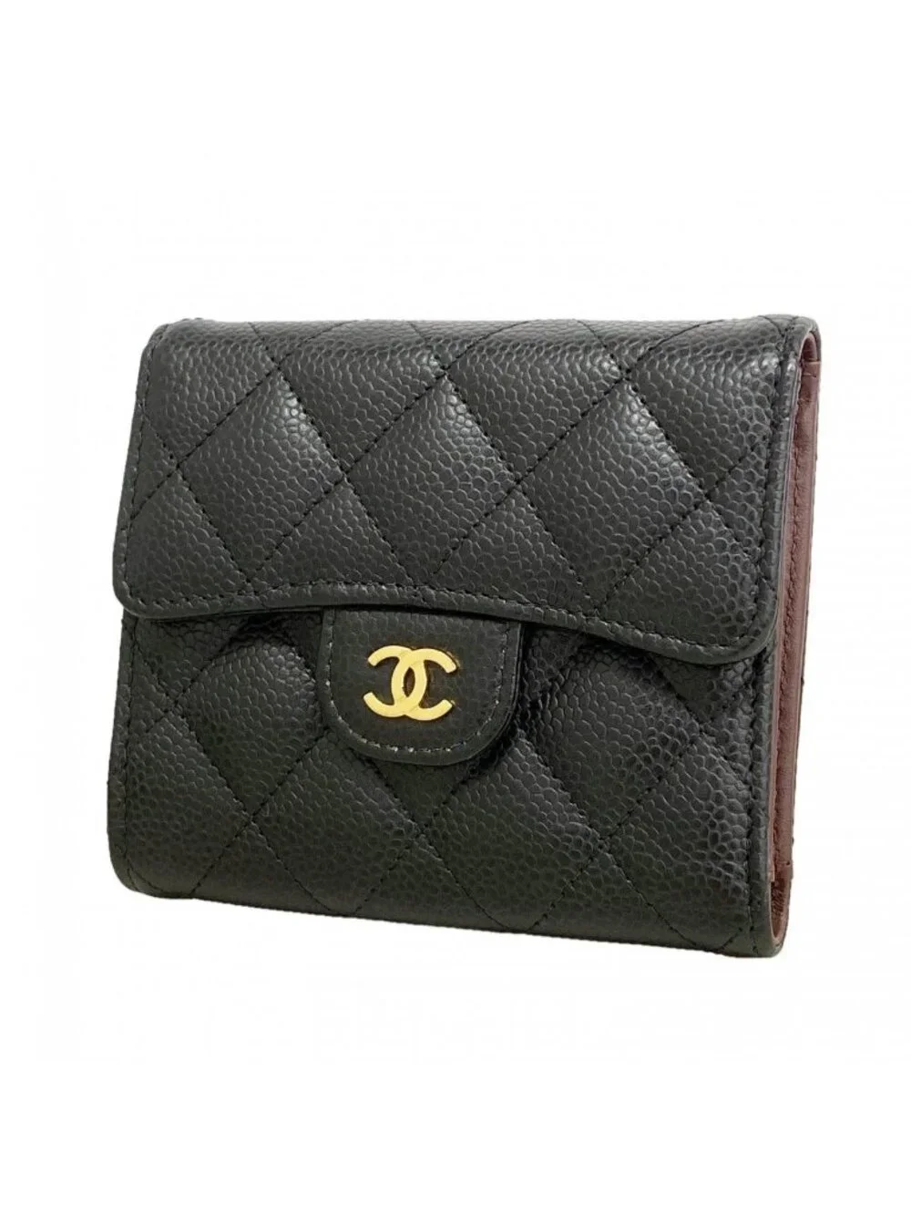 Chanel Trifold Wallet Quilted Caviar Leather Black Gold